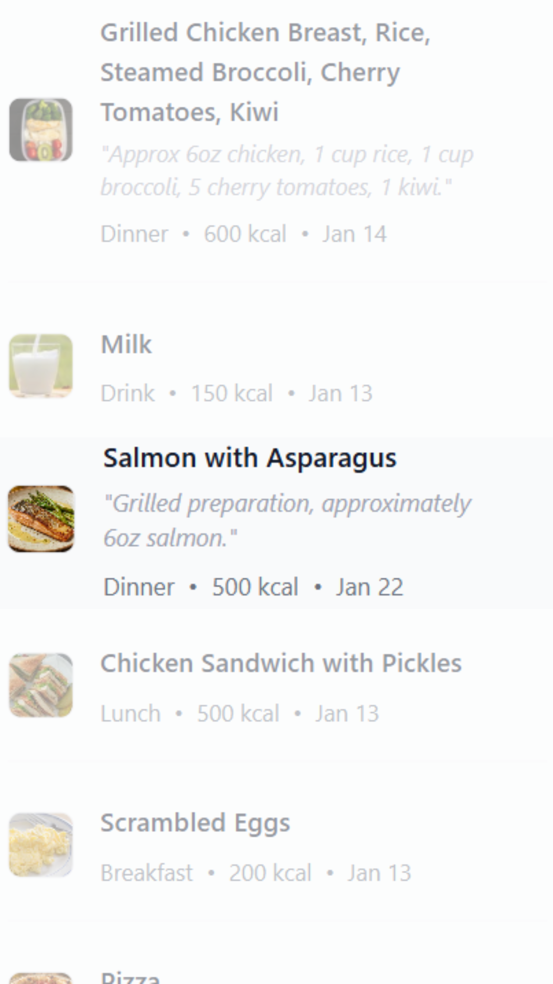 Nutrition log food history